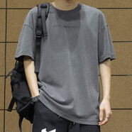 依郎酷男士短袖t恤男寬松純棉上衣服重磅半袖男生印花夏季打底衫體恤潮 深灰色 3XL 【170-190斤】