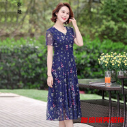口旋中年媽媽連衣裙 顯瘦連衣裙女夏季寬松顯瘦彈力網(wǎng)紗夏季新款氣質(zhì) 藍(lán)色 2XL 建議125-140