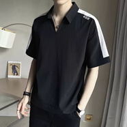 暢登冰絲polo短袖t恤男士夏季薄款潮牌百搭v領(lǐng)半袖男裝休閑體恤上衣 黑色 L