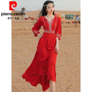 皮爾卡丹（pierre cardin）紅色連衣裙夏女長袖新疆旅游穿搭沙漠長裙拍照沙灘裙海邊度假超仙 繡花紅裙 L