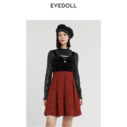 EYEDOLL【商場同款】冬季新款名媛蝴蝶結(jié)撞色小香風(fēng)吊帶連衣裙 紅色 XL
