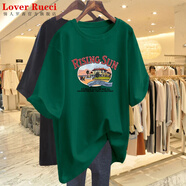 LOVER RUCCI法國(guó)夏季純棉歐貨2025新款短袖t恤女裝寬松質(zhì)感中長(zhǎng)款半袖上衣潮 墨綠色G1693-RISING】 2XL 建議155-175斤
