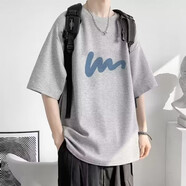 嘉曄五分袖男夏季短袖T恤男學(xué)生韓版潮流港風(fēng)ins卡通情侶半袖上衣體恤 kpT46淺灰色 XL