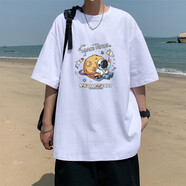 大魚(yú)界線(xiàn) 港風(fēng)t恤男夏季BF原宿風(fēng)情侶裝夏裝短袖T恤男女學(xué)生班服韓版潮流寬松半袖印花中袖上衣服男 白色太空人 XL（130-140斤）