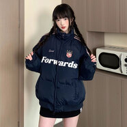 途尼美式復古高街條紋袖棉衣棉服女立領(lǐng)寬松棉襖冬季面包服外套 深藍色 M