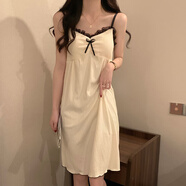 夢(mèng)動(dòng)吊帶睡裙女夏季梭織棉帶胸墊女士學(xué)生性感花邊杏色家居服睡衣裙子 吊帶裙D2227花邊杏色帶胸墊 160(M)