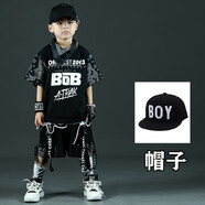 NUBEXI街舞服裝 男童嘻哈風(fēng)兒童潮服男孩炫酷套裝61演出服炸街兩件套夏 黑色（配帽子） 130碼