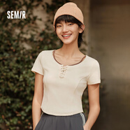 森馬短袖女24年短款緊身假兩件胸口綁帶甜美上衣圓領(lǐng)顯瘦打底衫 奶白10501 155/80A/S