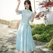 妖妮漢服女成人年輕日常旗袍演出2025新中式國(guó)風(fēng)棉麻刺繡雪紡裙兩件套 6518藍(lán)色裙套裝 M (建議體重80-95斤）