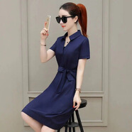韓國連衣裙女夏季2023新款時(shí)尚收腰仙女短袖小個(gè)子腰帶裙子 藏青色【系帶蝴蝶結】 S 75-90斤左右)