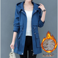 皮爾卡丹（pierre cardin）（優(yōu)雅）  女士連帽外套女春秋2025年新款早秋季風(fēng)衣韓版寬松 牛仔藍加絨 XL