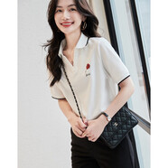 德瑪納（dme）【玫瑰印花女式t恤】夏季通勤翻領打底衫短袖t恤女