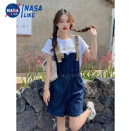 尚簡紛2025秋新款時尚牛仔連體褲一體衣套裝女別致高級感牛仔連體褲長袖 束腰牛仔背帶短褲（咖啡色肩帶） XL 建議140-160斤