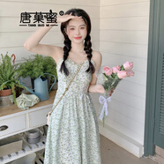 唐菓蜜新款連衣裙女2025春季新款女裝法式初戀甜美溫柔風(fēng)碎花吊帶裙套裝 綠色碎花吊帶裙 S