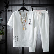 花花公子（PLAYBOY）亞麻套裝男款冰絲短袖t恤中式男裝中國風唐裝年輕棉麻爸爸裝 TZ015白色 L 適合105至120斤