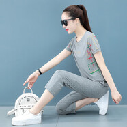 匹卡特t恤女休閑套裝夏天夏季新款女裝韓版寬松圓領(lǐng)T恤運動(dòng)套裝跑步服 7788灰衣+灰褲 M