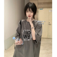 寧雨昔 美式復(fù)古甜酷辣妹個(gè)性字母純棉短袖T恤女夏季學(xué)生百搭休閑上衣服 灰色 L