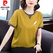皮爾卡丹（pierre cardin）純棉時尚T恤女短袖寬松2024夏季新款洋氣顯瘦大尺碼遮肚上衣女 姜黃色【葉子】 3XL 【建議145-160斤】