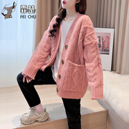 【2021新款高品質(zhì)】霏楚 加厚毛衣開(kāi)衫女慵懶風(fēng)寬松外穿百搭秋冬款寬松粗線網(wǎng)紅針織外套 粉紅色 M 110-120