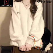 DAVEY MODE奶fufu純色v領加厚水貂絨毛衣女秋冬軟糯寬松慵懶鳳針織衫上衣潮 杏色水貂絨-【軟糯不起球】 M 建議95斤-105斤