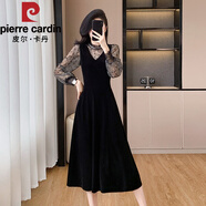 皮爾卡丹（pierre cardin）春秋冬新款連衣裙拼接亮片氣質(zhì)網(wǎng)紗修身大擺絲絨連衣裙 黑色 M
