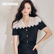 ROEYSHOUSE羅衣法式拼接蕾絲小襯衫女夏裝新款泡泡袖襯衣黑色上衣08815 黑色 M