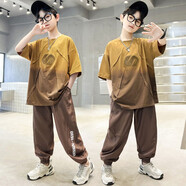 阿爾妮塔兒童裝男童夏裝套裝2024新款中大童男孩衣服純棉T恤休閑兩件套潮 咖啡色 140碼【建議身高1.3米左右】