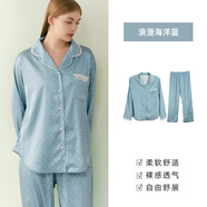 Gainreel歌瑞爾超柔軟親膚舒適居家睡衣情侶簡(jiǎn)約條紋透氣長(cháng)袖長(cháng)褲開(kāi)衫家居服套裝 女裝-浪漫海洋藍 M