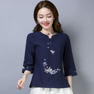 美充充 民族風(fēng)襯衫上衣民族風(fēng)刺繡花棉麻女裝2022夏裝新款七分袖T恤女寬 藏青色【繡花款】 XL 115-125斤