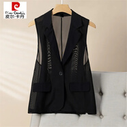 皮爾卡丹（pierre cardin）馬甲女夏季薄款網(wǎng)紗坎肩外穿修身顯瘦百搭背心時尚洋氣西裝領(lǐng)馬夾 黑色網(wǎng)紗馬甲 XL 建議【115-130斤】