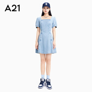 A21夏季女裝氣質(zhì)泡泡短袖連衣裙女收腰法式A型方領(lǐng)牛仔裙 淺藍(lán) M