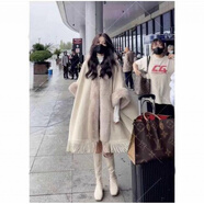 CerrnKutta新款毛毛氣質(zhì)針織披肩大毛領(lǐng)披風(fēng)斗篷外套女秋冬季手套帽子套裝 米色加絨 均碼【80-150斤可穿】