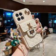羅璐鷗OPPO A72手機殼斜挎掛繩外殼鏈條背帶oppoa72硅膠殼保護套斜跨菱格零錢卡包防摔全包軟殼女款 【白色-菱格小熊卡包款】+斜挎掛繩+全屏鋼化膜 OPPO A72