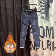 索宛亦（SUOWANYI）歐洲站磨破薄絨牛仔褲女2021秋冬季新款修身顯瘦百搭小腳鉛筆褲潮 藍色抓毛【薄絨】不搭配腰帶 XL 【建議115-125斤】