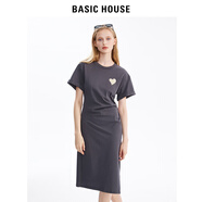 BASIC HOUSE/百家好愛(ài)心褶皺連衣裙女夏季新款設(shè)計(jì)感收腰顯瘦裙子女 灰色 M