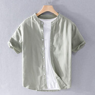 歌世爵夏季男裝亞麻休閑襯衫寬松圓領(lǐng)純色沙灘棉麻小清新文藝襯衣男 軍綠 L