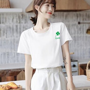 ESCURLTF純棉白色短袖t恤女學(xué)生夏季寬松韓版圓領(lǐng)印花閨蜜裝體恤衫ins上衣 白色-胸標(biāo)四葉草 S  建議75-95斤