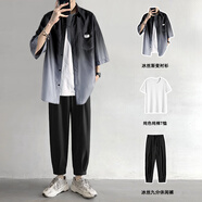 主意范（ZHUYIFAN）胖子大碼冰絲漸變短袖冰絲襯衫男夏季薄款寬松休閑長(cháng)袖襯衣外套 黑色+T恤+K950冰絲褲 5XL 200-230斤