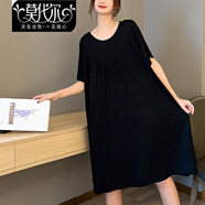 莫代爾棉睡裙女夏季薄款寬松短袖連衣裙大碼加肥家居服A字裙百褶居家裙 黑色 XL (140-200斤)