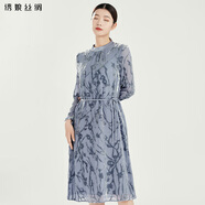 繡娘真絲連衣裙女裝蘇州絲綢桑蠶絲圓領(lǐng)系帶優(yōu)雅中長(cháng)裙喜上眉梢 藍灰色 L/165