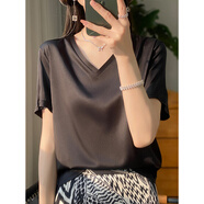 HMRSV緞面網(wǎng)紗短袖T恤女2025夏季新短款寬松v字領(lǐng)拼色薄款半袖上衣女裝 R-A59經(jīng)典黑 L （建議100-110斤）