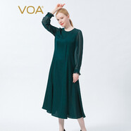 VOA桑蠶絲提花孔雀綠圓領(lǐng)長袖木耳邊一粒扣喬其拼接真絲連衣裙 AE985 孔雀綠（G03） M