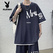 花花公子（PLAYBOY）短袖T恤男套裝男2025夏季新款美式休閑短褲兩件套情侶居家寬松潮 TZ023上衣深藍色 3XL