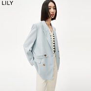 LILY春新款女裝時尚純色通勤款復古雙排扣干練洋氣西裝外套女 404淺藍 M