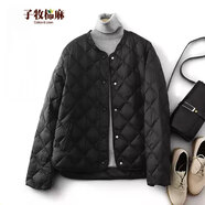 子牧棉麻秋冬裝 女輕薄款棉服圓領(lǐng)短款時(shí)尚菱形格外套1508 黑色 M (建議95-115斤)