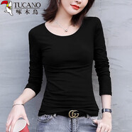 啄木鳥(niǎo)打底衫女內搭春秋新款緊身長(cháng)袖t恤百搭低領(lǐng)上衣 黑色【圓嶺常規】 L 【96-106斤】