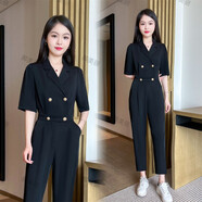 憶靈短袖西裝連體褲女2025夏季新款洋氣收腰顯瘦雙排扣休閑九分連衣褲 黑色 2XL【建議130-145斤】