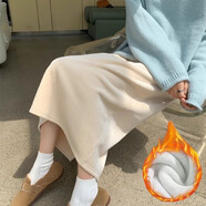 唐努烏燈芯絨大碼女裝加絨厚半身裙秋冬新款韓版中長裙子高腰開叉 奶白色【加絨款】 XL 【110-125斤】