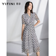 易菲（YIFINI）波點(diǎn)印花翻領(lǐng)短袖高腰連衣裙女夏新款寬松雪紡裙 A04Y3971 白底黑色花 XS