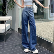 韓依索絲高腰設(shè)計感闊腿牛仔褲女2024夏季新款漸變水鉆直筒垂墜感拖地褲潮 深藍(lán)色/加長款 M